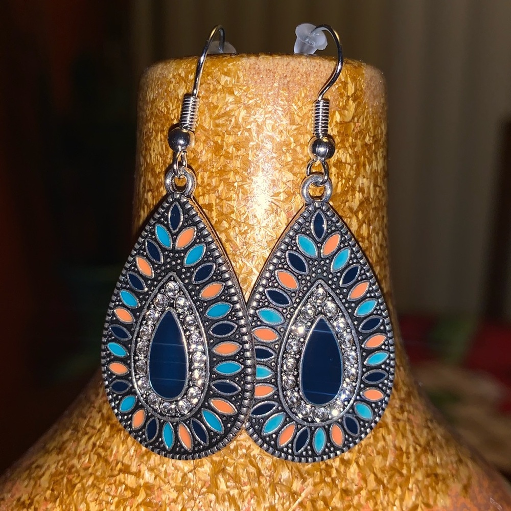BOHO Teardrop Earrings with Rhinestones-Blue/Orange/Turquoise